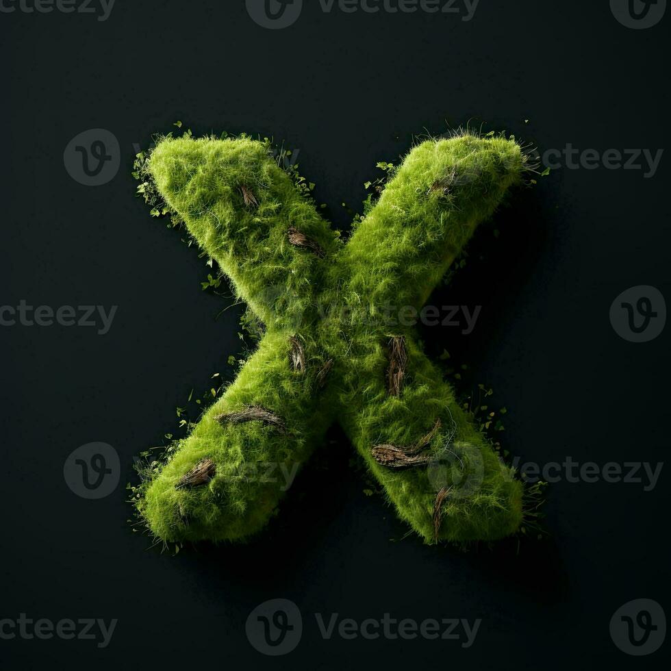 Letter X with moss. Large soft forest font. Green typographic symbol made of leaves. Concept of comfort, nature and ecology. AI Generated photo