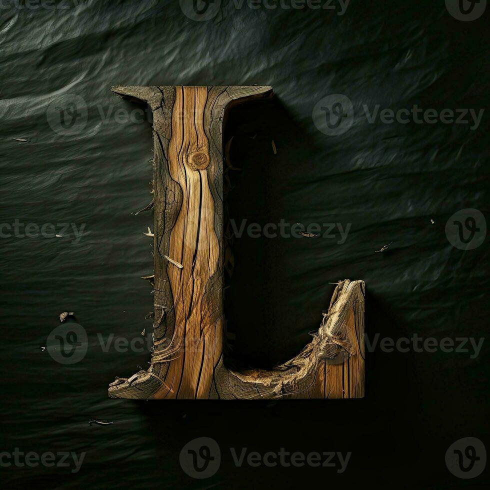 Wooden letter L. Wood font made of sticks, bark and wood. Forest typographic symbol. Concept of nature, ecology, loft. AI Generated photo