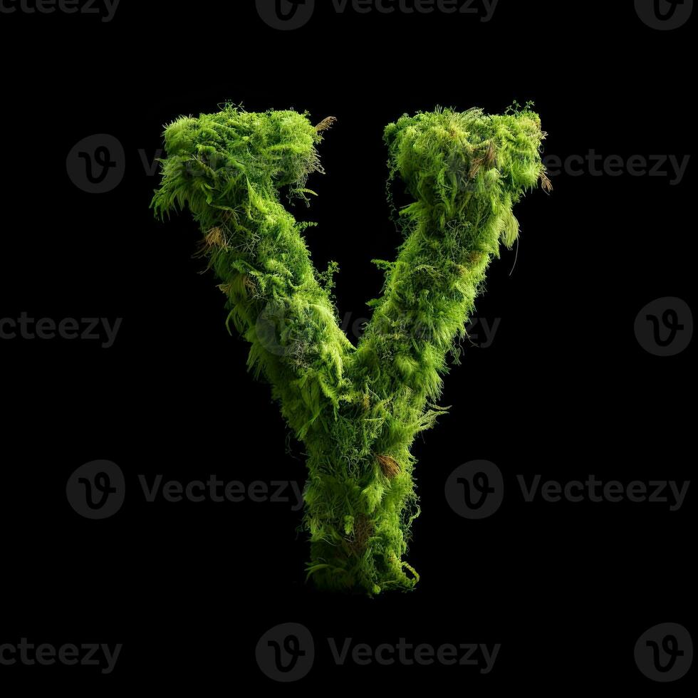 Letter Y with moss. Large soft forest font. Green typographic symbol made of leaves. Concept of comfort, nature and ecology. AI Generated photo