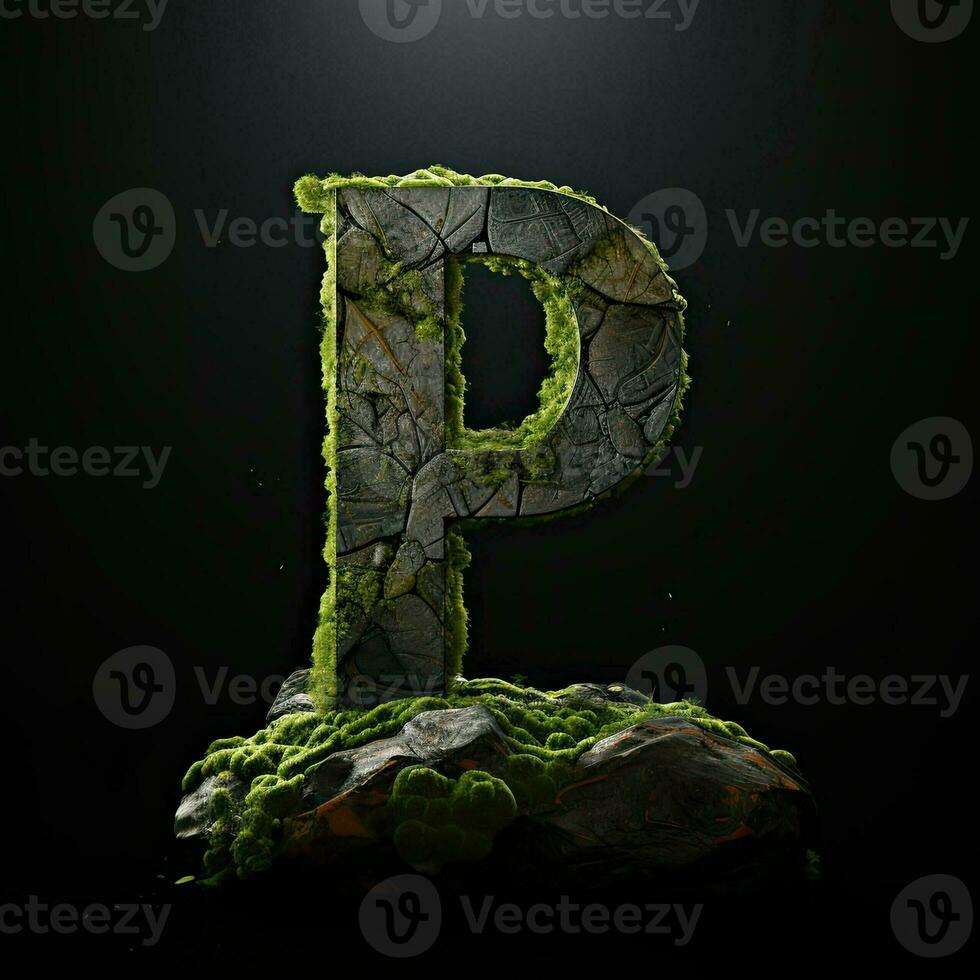 Stone letter P. Symbol of alphabet made of strong solid granite, rocks and debris. Typographic font generated by AI photo