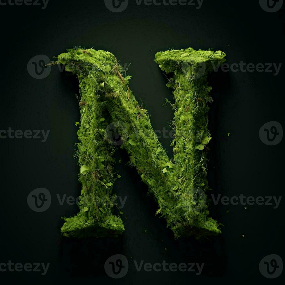 Letter N with moss. Large soft forest font. Green typographic symbol made of leaves. Concept of comfort, nature and ecology. AI Generated photo