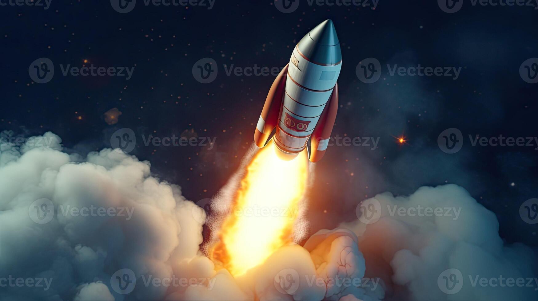 Startup rocket takeoff. 3D rocket launch up. Concept of starting business. Spacecraft with smoke photo