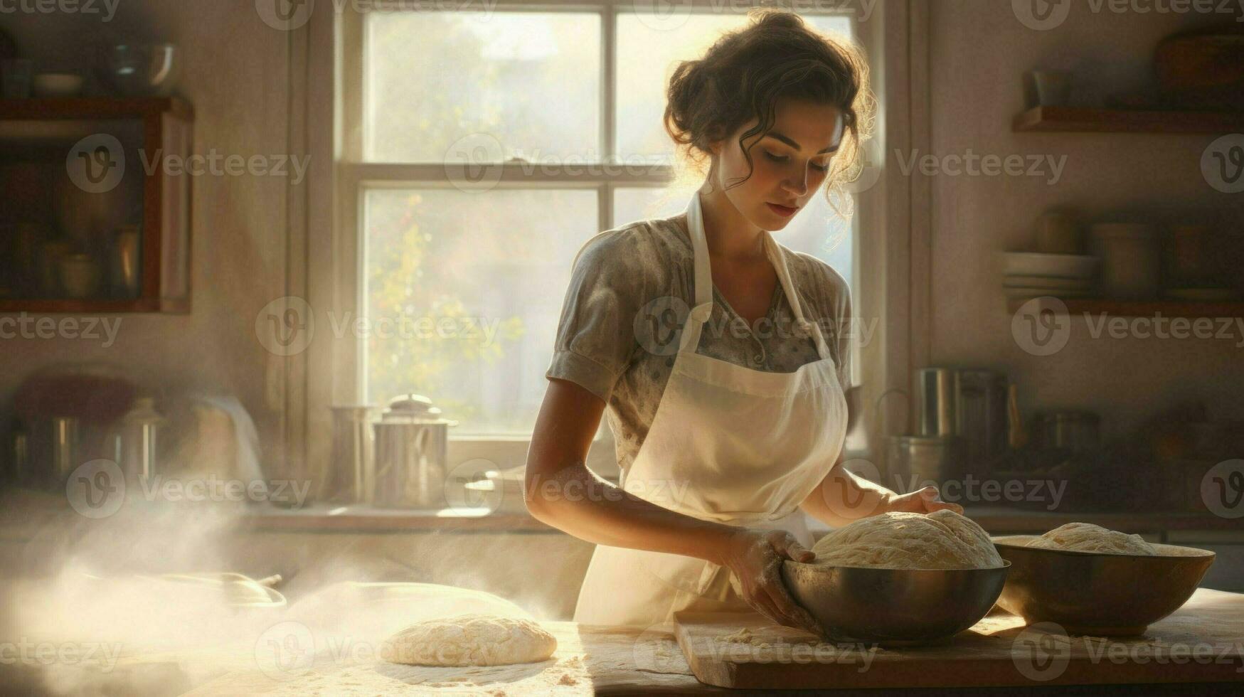 Girl kneads dough in bakery. Woman works as baker and makes bread. Vintage retro bakery interior. Production of natural eco-products. AI Generated photo