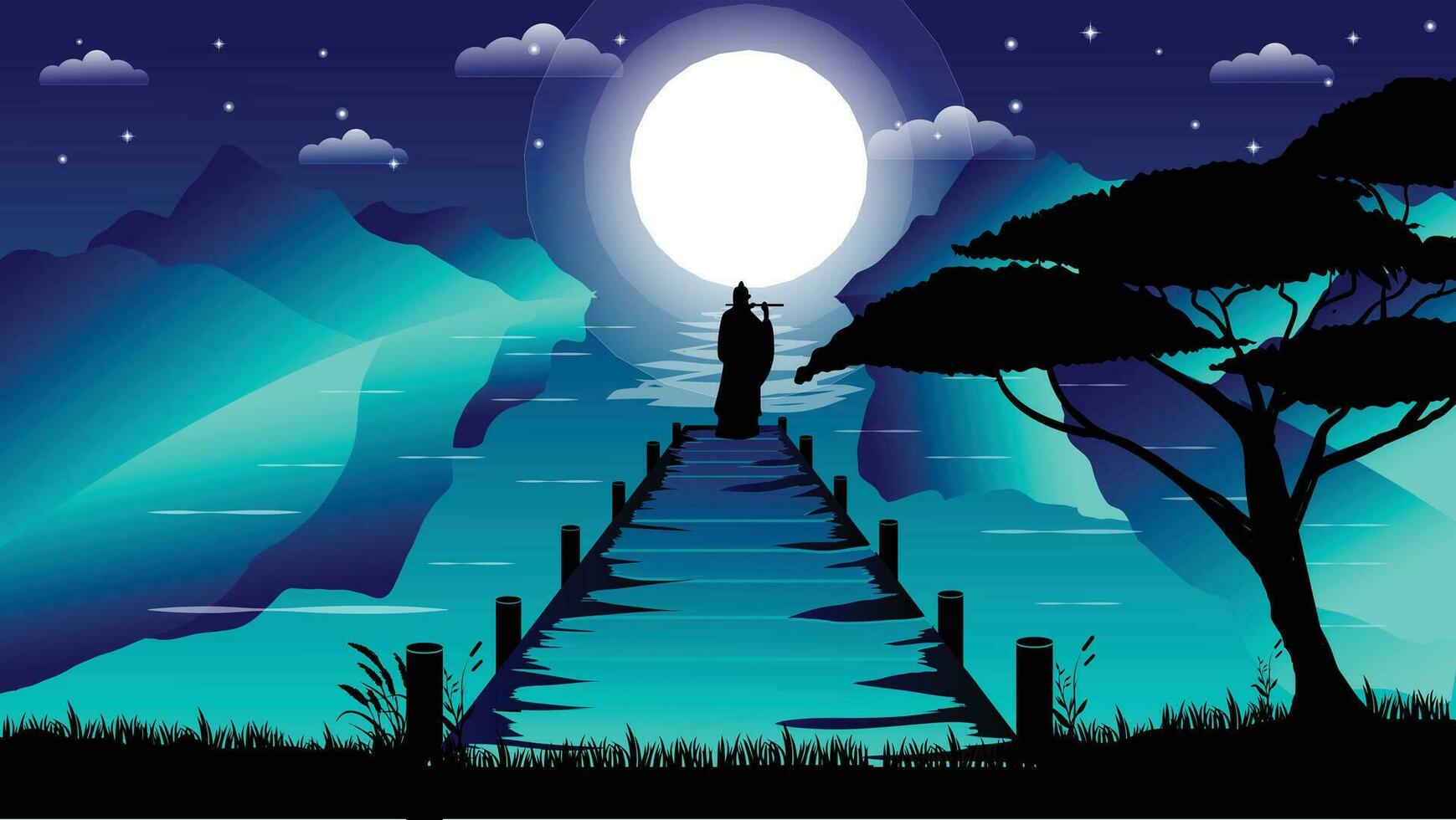 people playing the dizi in wooden harbor wallpaper 4K desktop. cool night vibe and full moon. landscape view sparkling style illustration vector background.