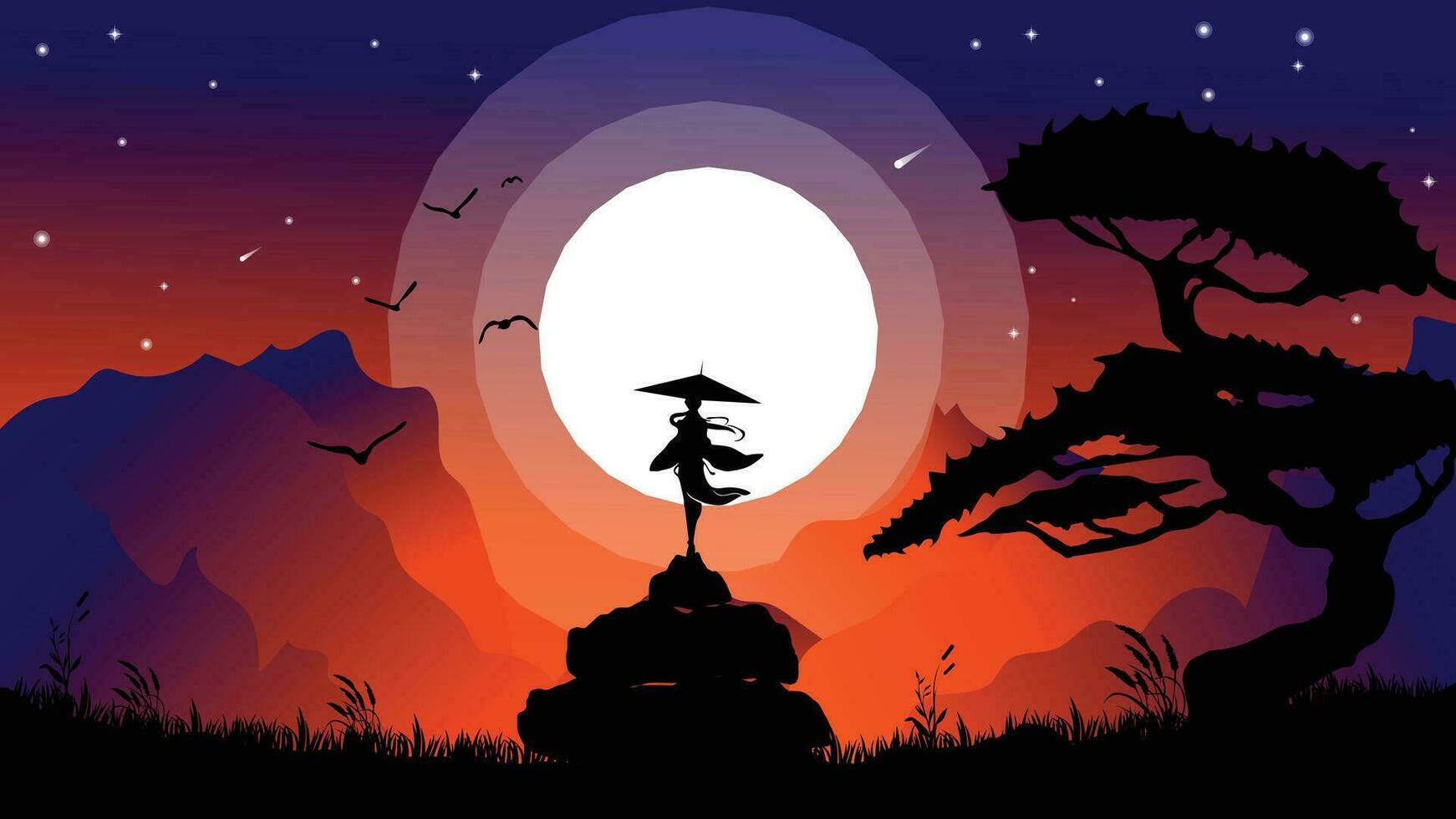 kunoichi samurai niña Japón fondo de pantalla 4k escritorio. samurai y bruja antecedentes. puesta de sol ambiente y lleno Luna. paisaje ver ilustración vector antecedentes