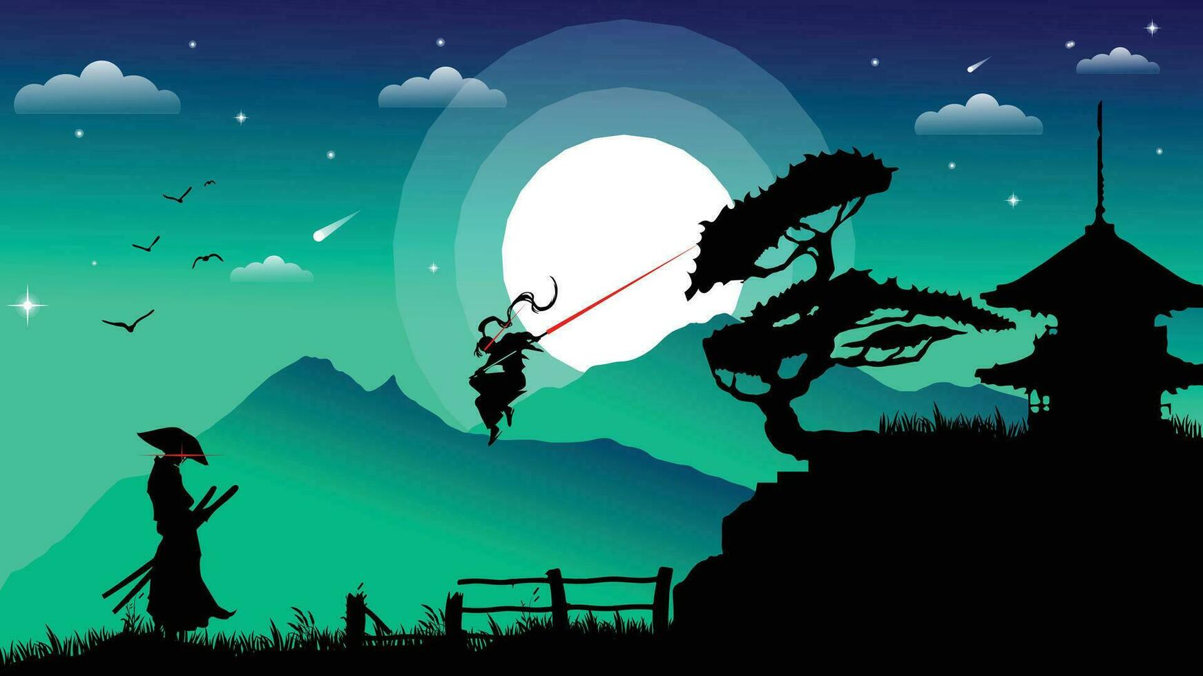 Samurai fighting silhouette wallpaper 4K desktop. samurai fighting background. cool vibe and full moon. landscape view illustration vector background.