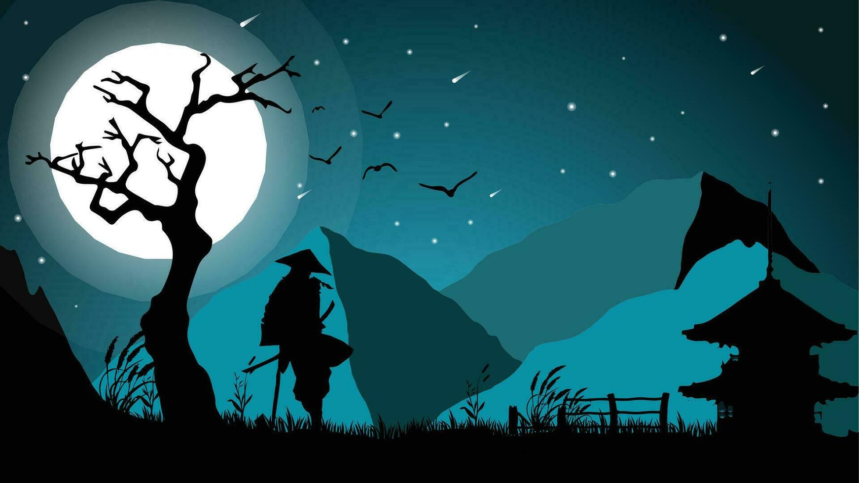 samurai fondo de pantalla 4k escritorio. samurai antecedentes. medianoche ambiente y lleno Luna. paisaje ver ilustración vector antecedentes