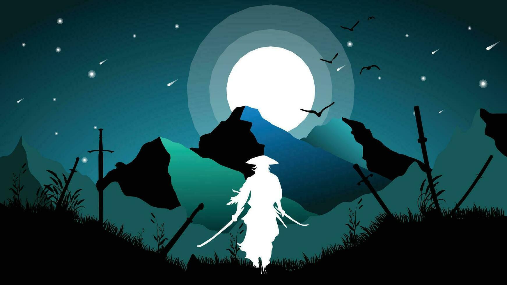 Samurai victory after the war wallpaper 4K desktop. Samurai victory background. sunset vibe and full moon. landscape view illustration vector background