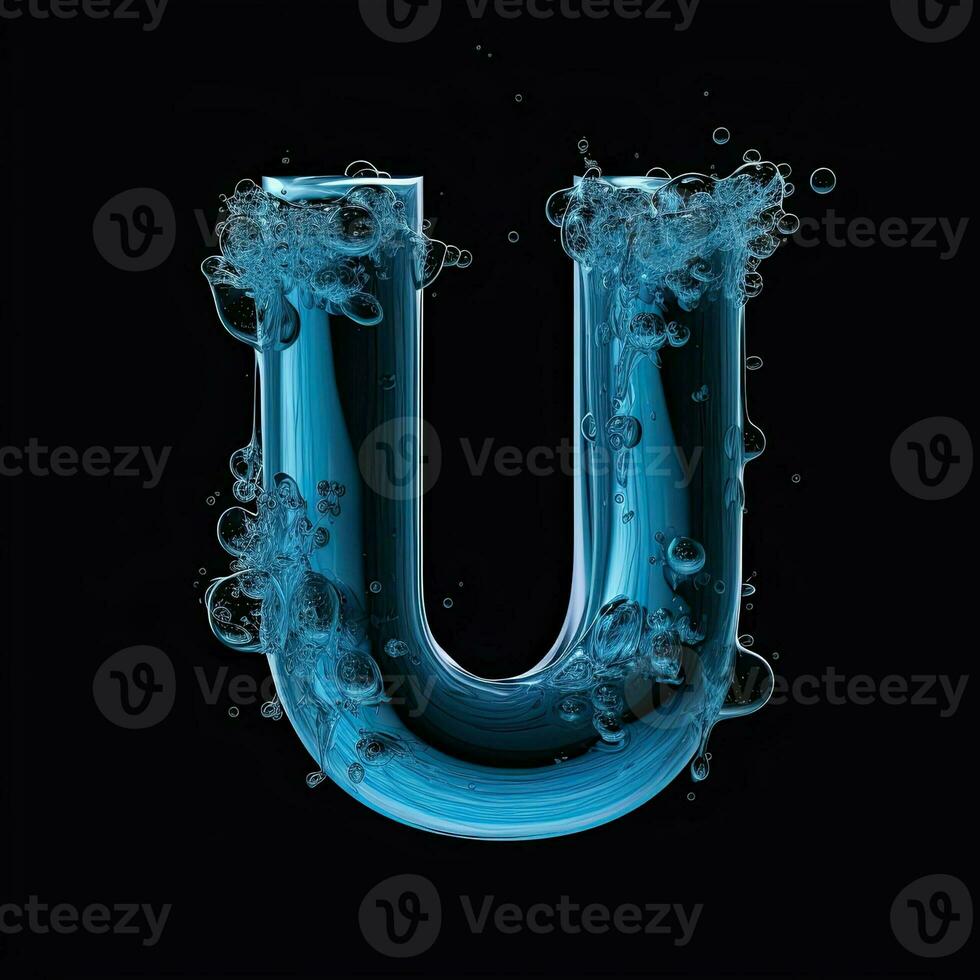 Letter U made of water. Font with splashes and drops of blue liquid. Typographic symbol with jet and splash. Marine concept of freshness, fluidity and the sea. AI Generated photo