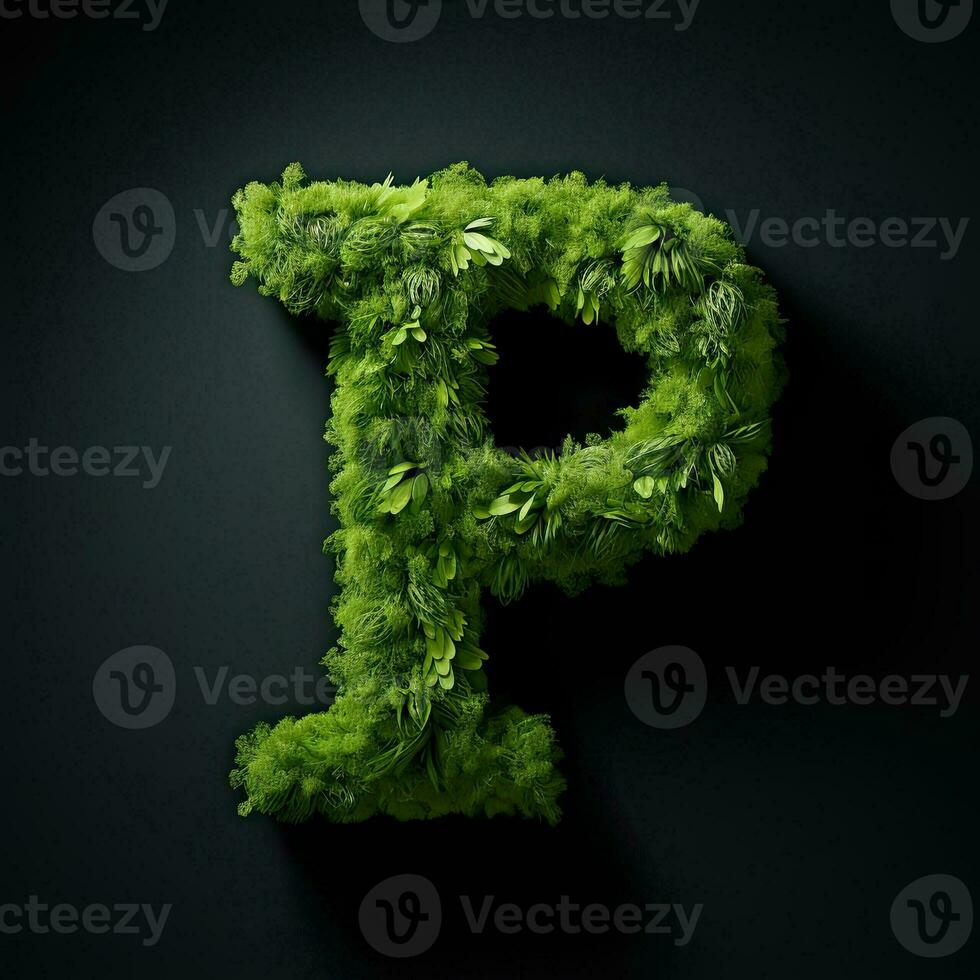 Letter P with moss. Large soft forest font. Green typographic symbol made of leaves. Concept of comfort, nature and ecology. AI Generated photo