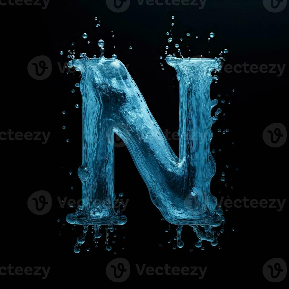 Letter N made of water. Font with splashes and drops of blue liquid. Typographic symbol with jet and splash. Marine concept of freshness, fluidity and the sea. AI Generated photo