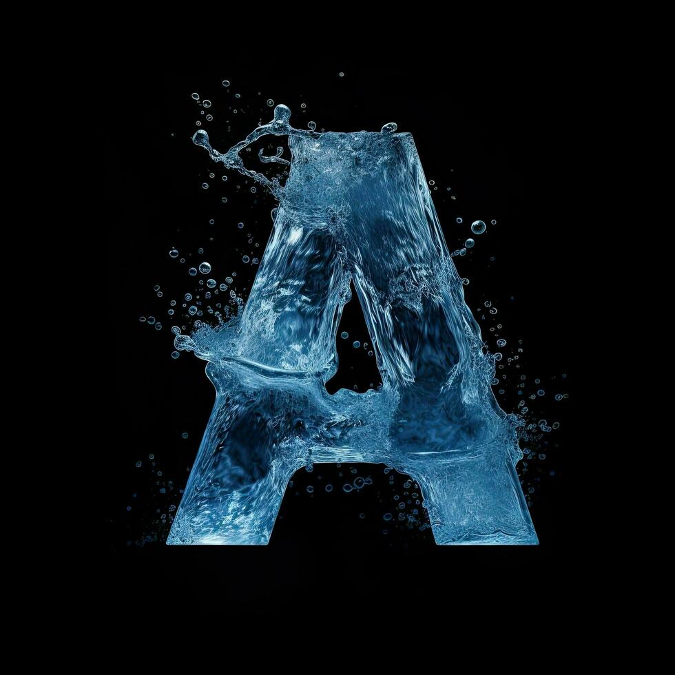 Letter A made of water. Font with splashes and drops of blue liquid. Typographic symbol with jet and splash. Marine concept of freshness, fluidity and the sea. AI Generated photo