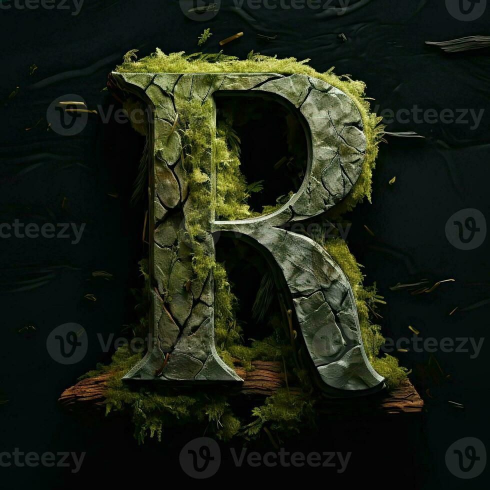 Stone letter R. Symbol of alphabet made of strong solid granite, rocks and debris. Typographic font generated by AI photo