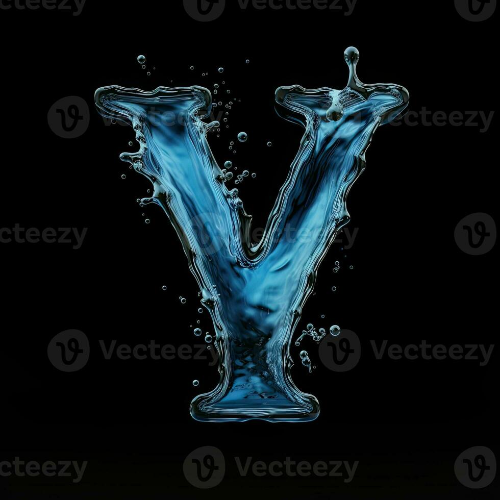 Letter Y made of water. Font with splashes and drops of blue liquid. Typographic symbol with jet and splash. Marine concept of freshness, fluidity and the sea. AI Generated photo