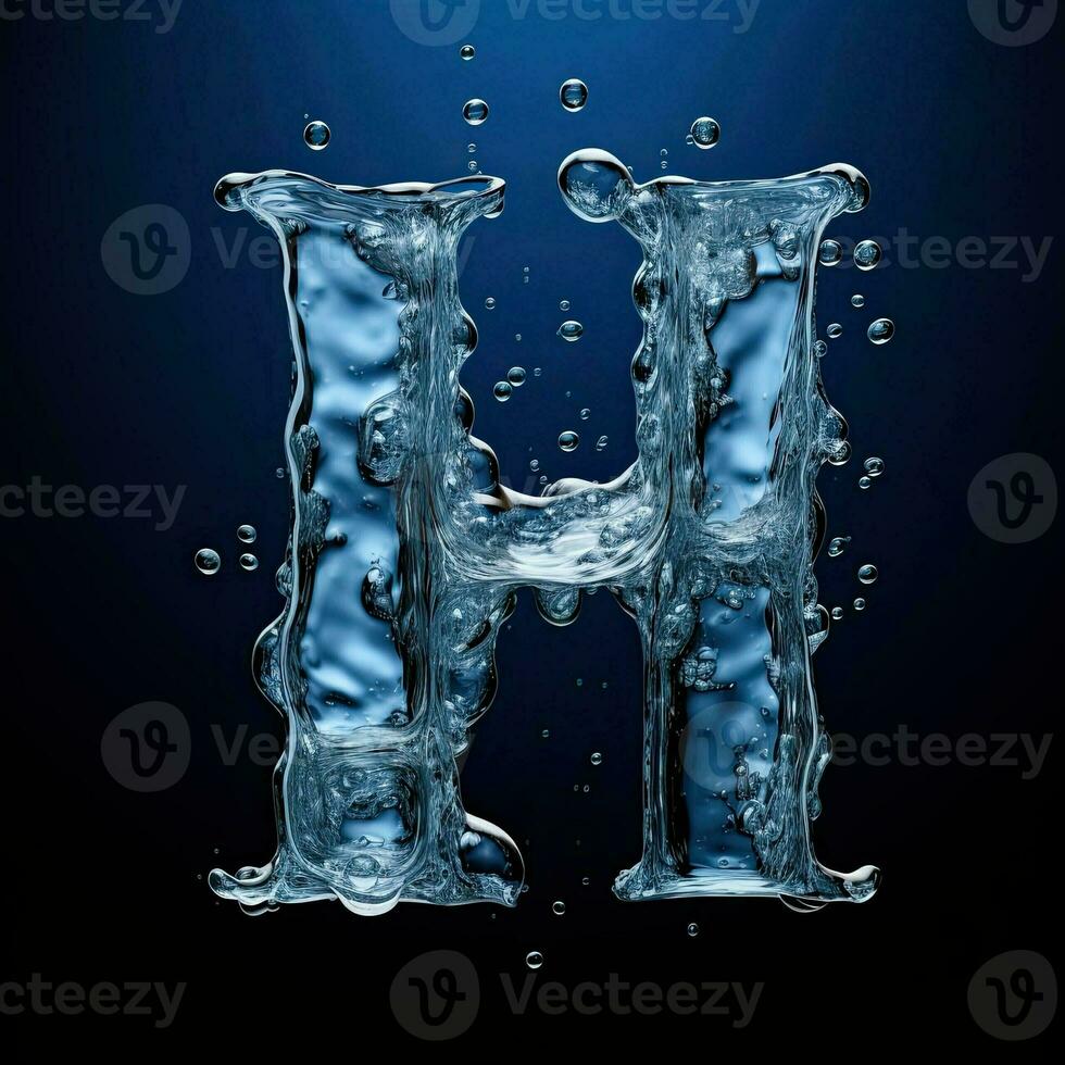 Letter H made of water. Font with splashes and drops of blue liquid. Typographic symbol with jet and splash. Marine concept of freshness, fluidity and the sea. AI Generated photo