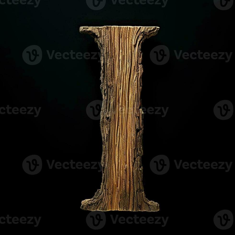 Wooden letter I. Wood font made of sticks, bark and wood. Forest typographic symbol. Concept of nature, ecology, loft. AI Generated photo