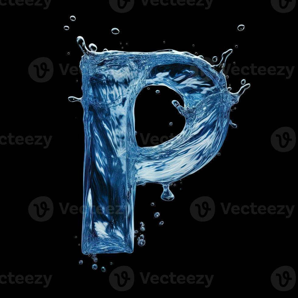 Letter P made of water. Font with splashes and drops of blue liquid. Typographic symbol with jet and splash. Marine concept of freshness, fluidity and the sea. AI Generated photo