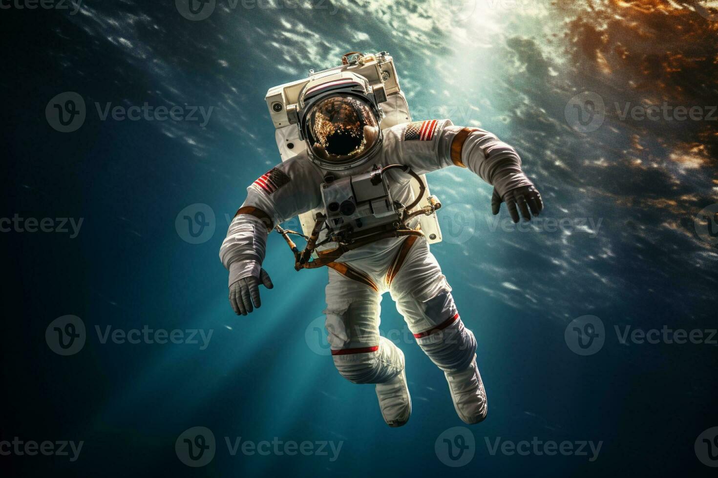 Astronaut is floating in space on a bokeh style background with Generative AI photo