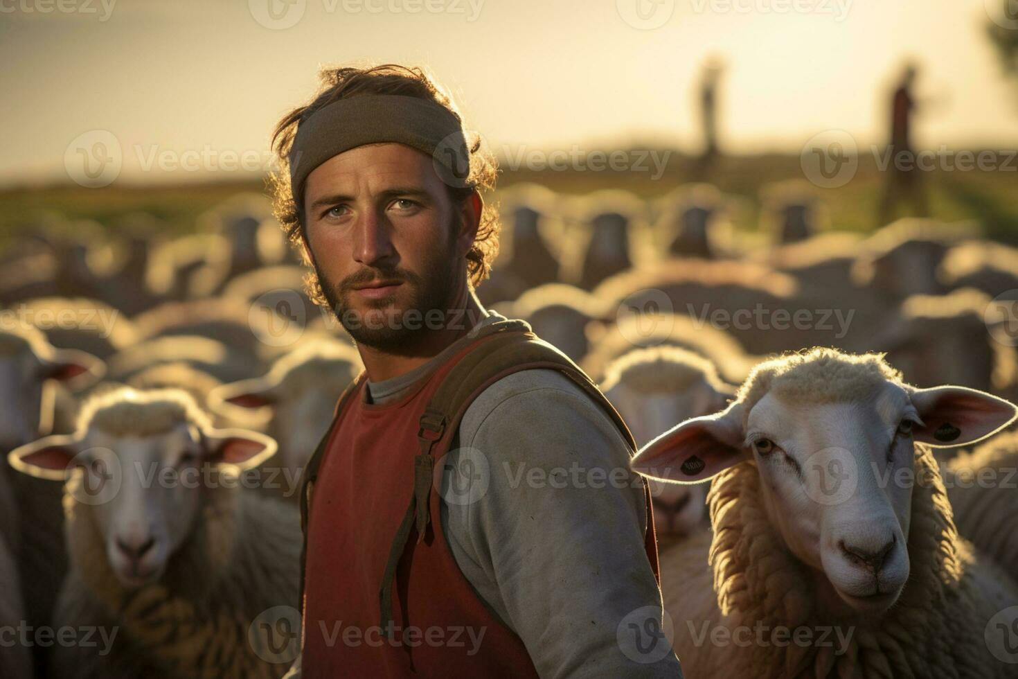 male farmer on sheep farm in the daytime with Generative AI photo