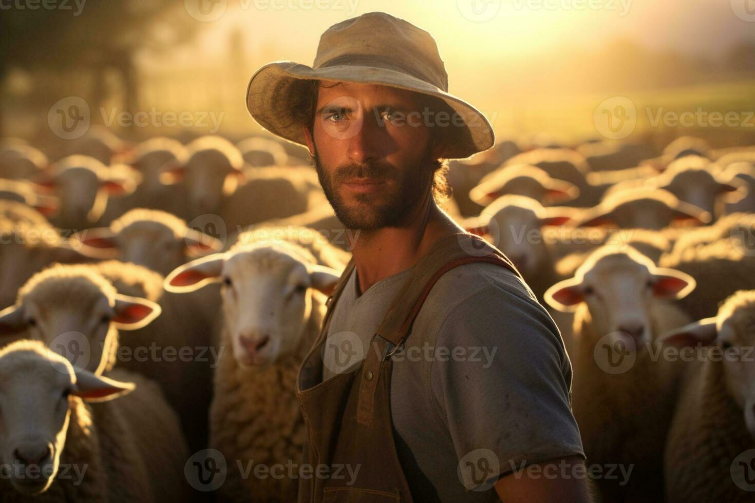 male farmer on sheep farm in the daytime with Generative AI photo