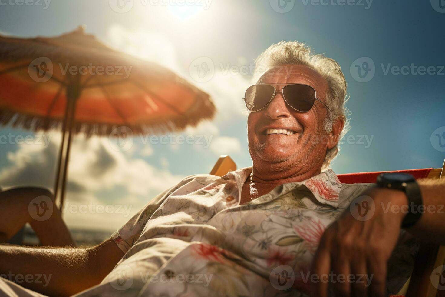 Senior male tourist sunbathing on sunbed at sea during daytime with Generative AI photo
