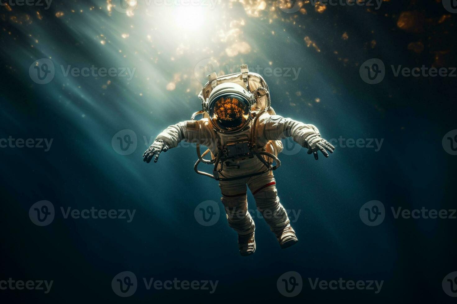 Astronaut is floating in space on a bokeh style background with Generative AI photo