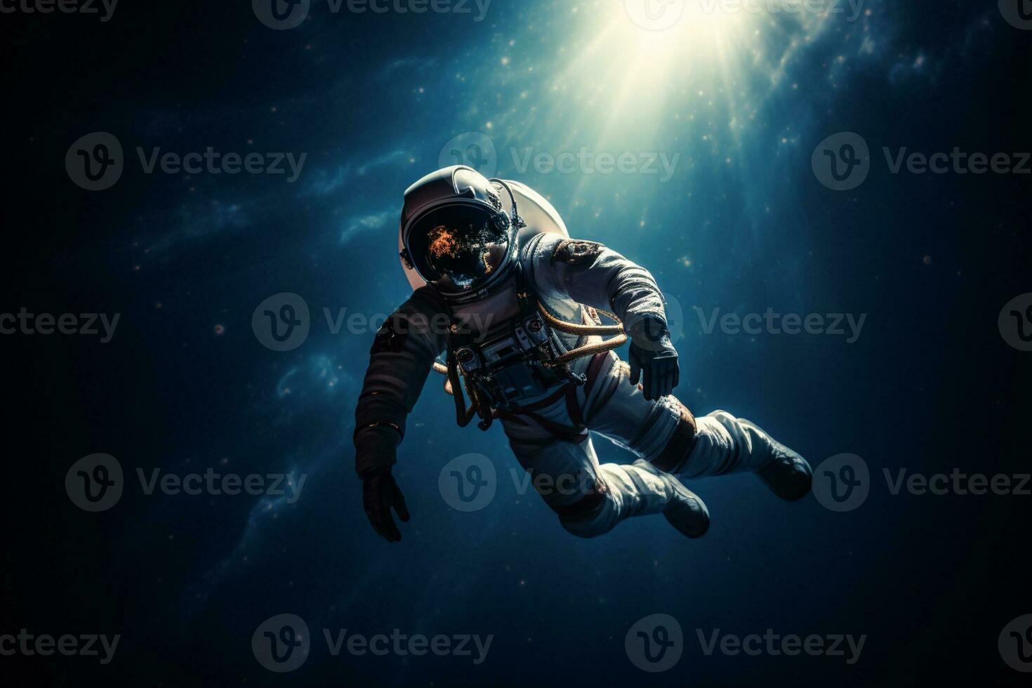Astronaut is floating in space on a bokeh style background with Generative AI photo