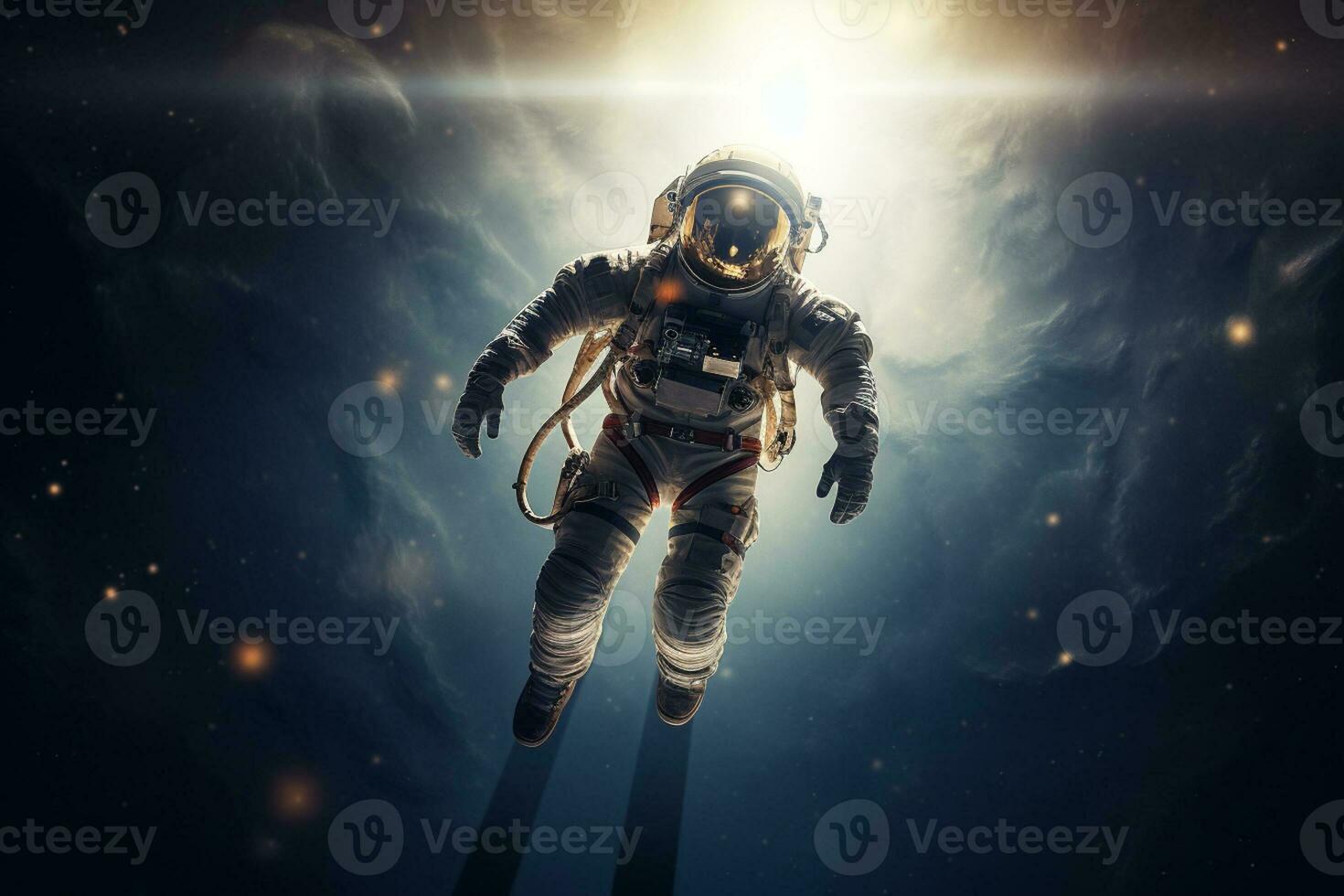 Astronaut is floating in space on a bokeh style background with Generative AI photo