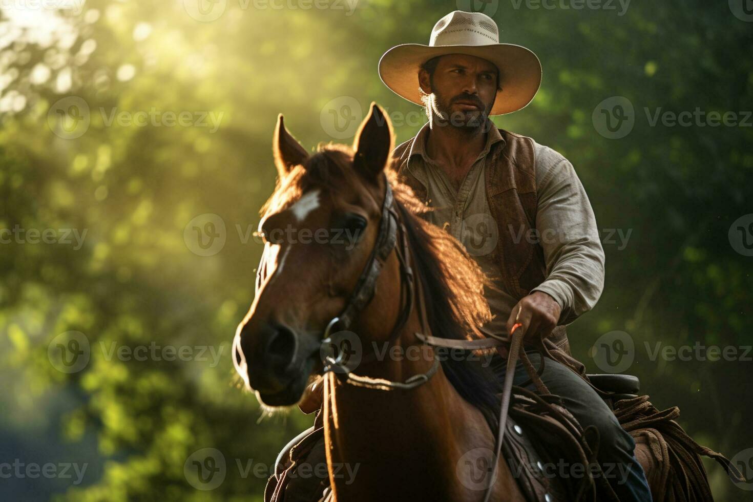A male farmer is riding a horse in the forest in the daytime with Generative AI photo