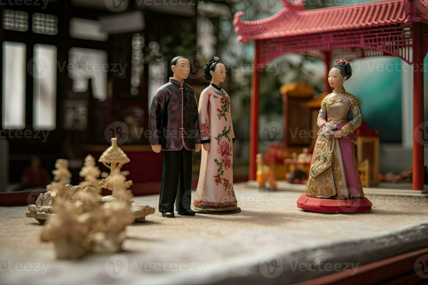 Chinese wedding in miniature style. Husband and wife in traditional Chinese clothes. Concept of love, tradition, family and relationships. Asian man and woman created with Generative AI Technology photo