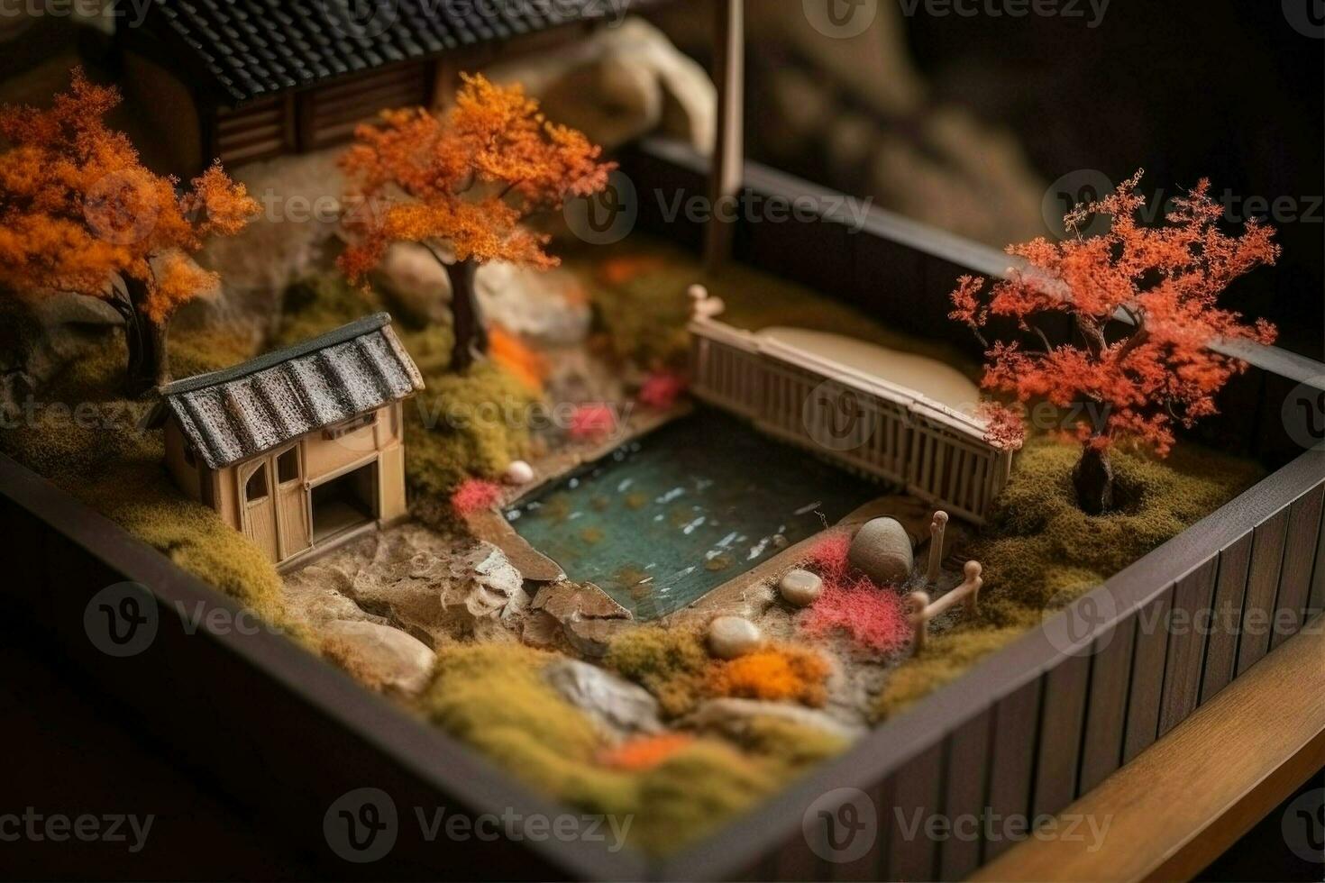 Diorama of Japanese garden. Hot spring, toy holiday home. Miniature of Japanese resort created with Generative AI Technology photo