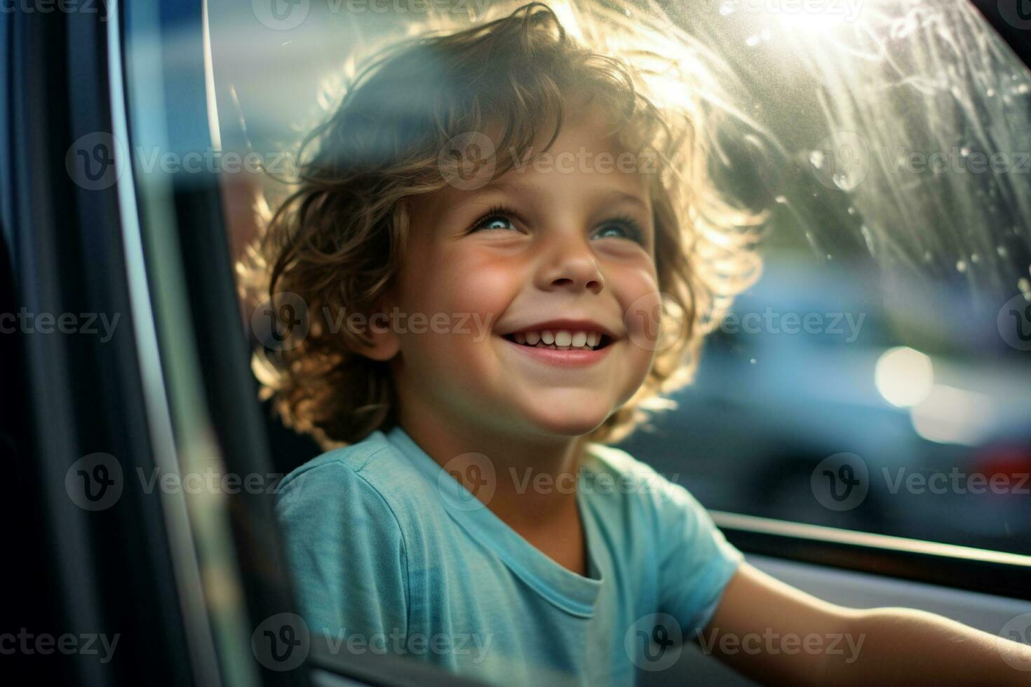 A young boy sits by the car window while driving on a road trip with Generative AI photo