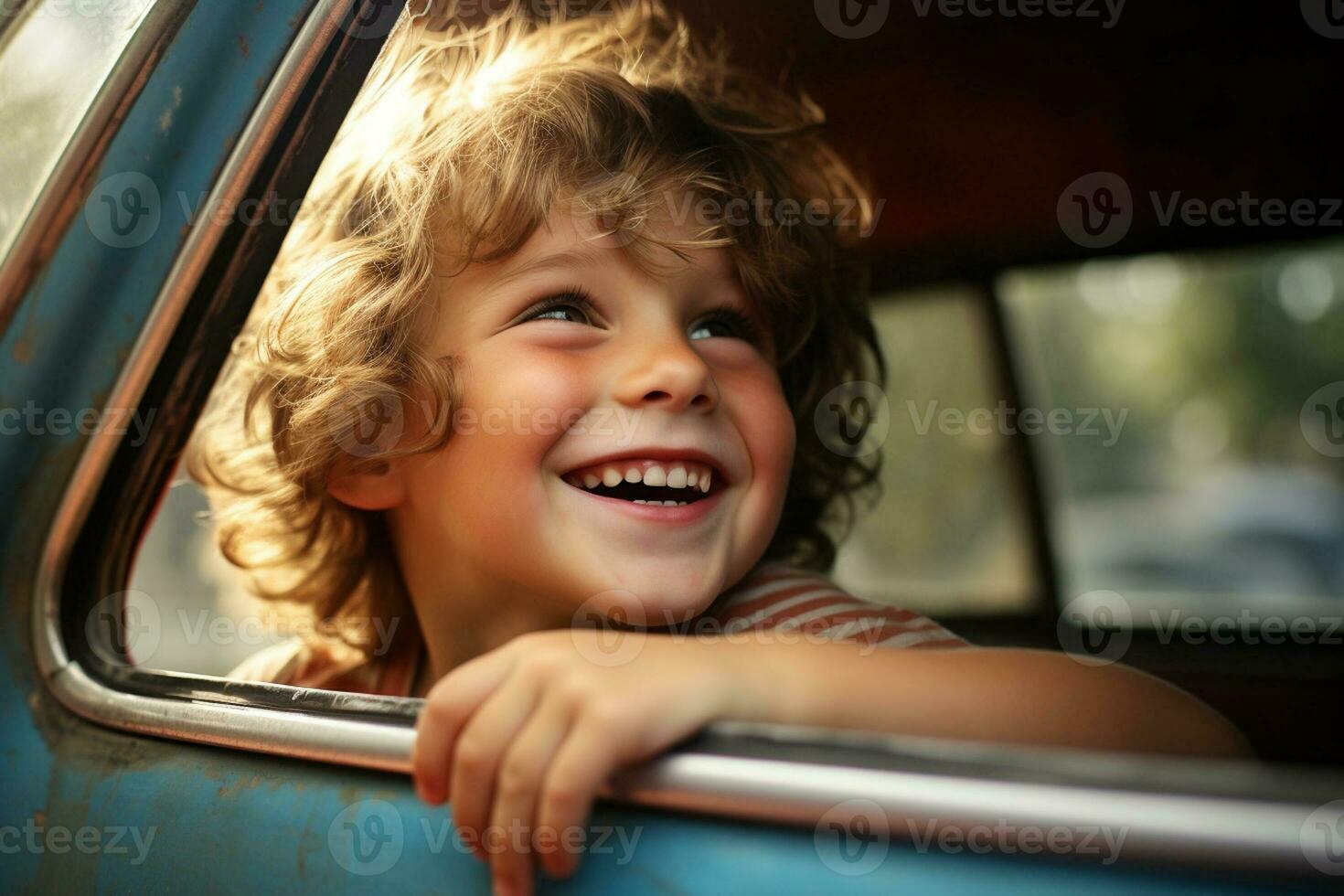 A young boy sits by the car window while driving on a road trip with Generative AI photo