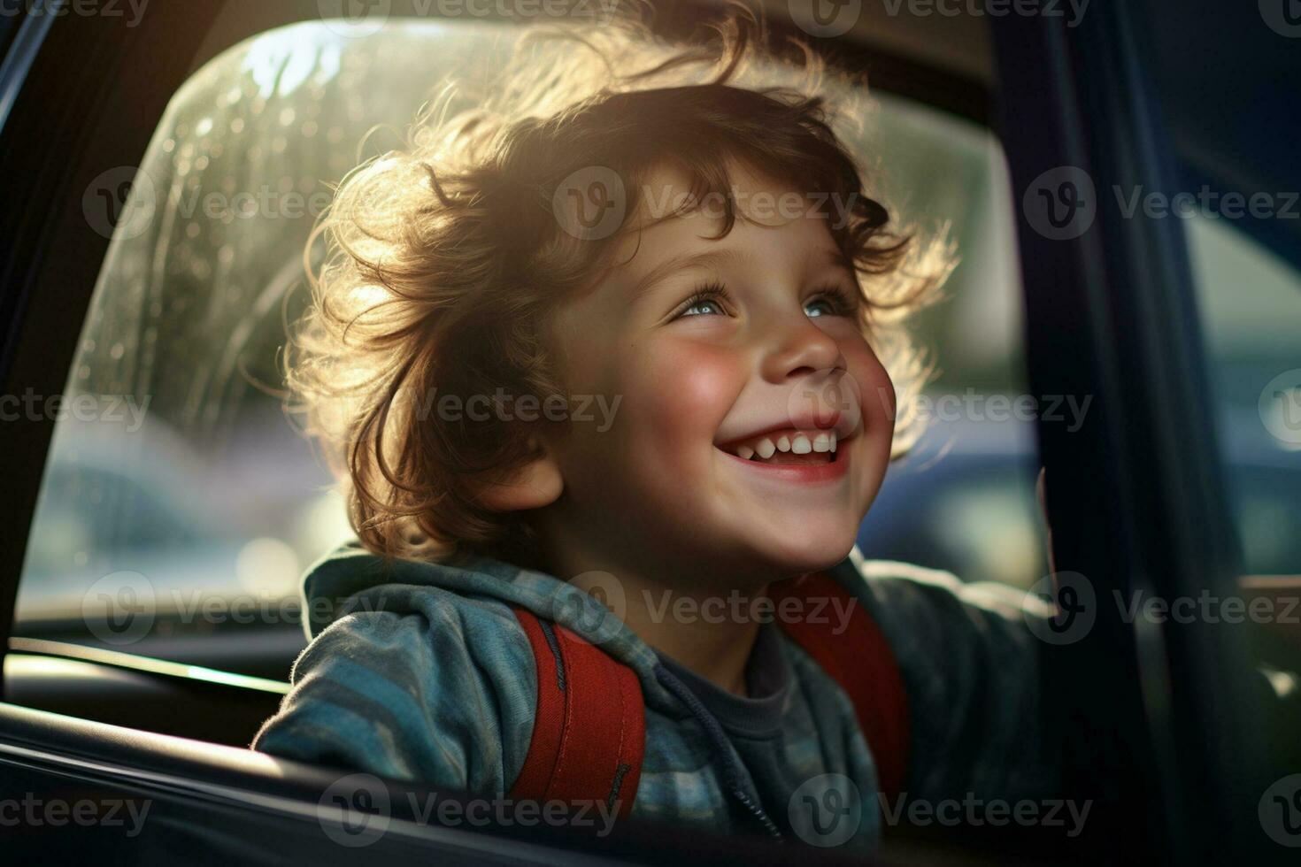 A young boy sits by the car window while driving on a road trip with Generative AI photo