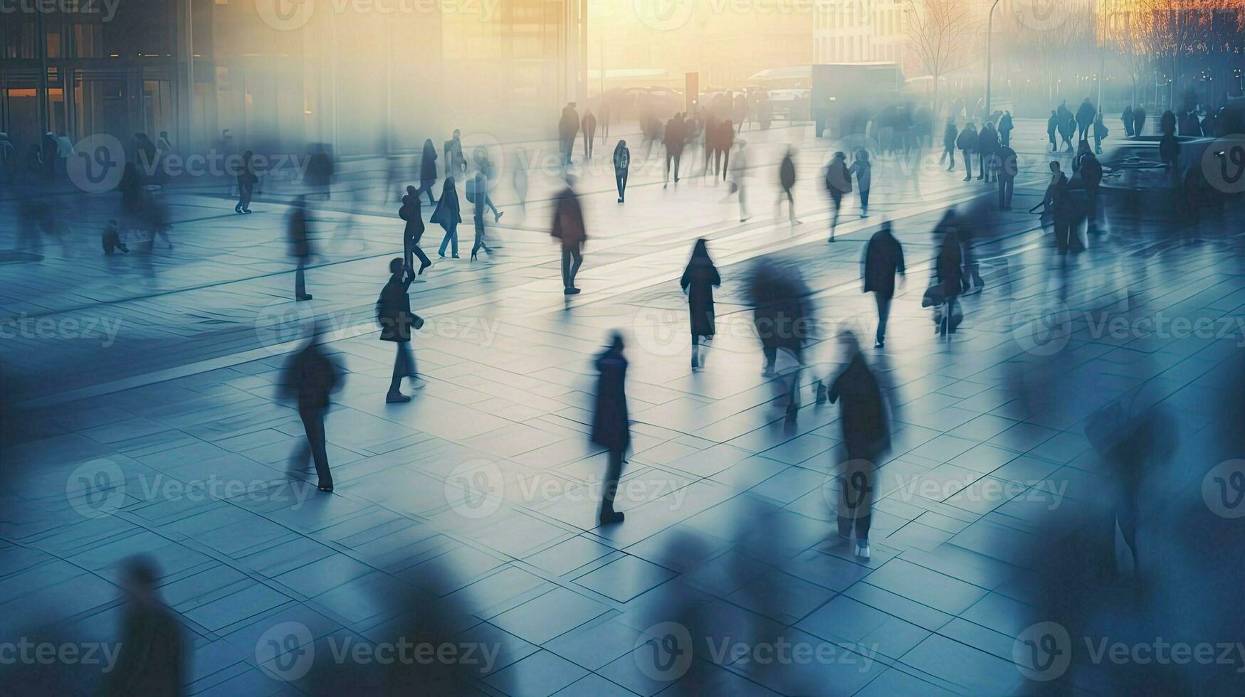 Blurred people walking down a city street. Concept of fast modern life. Human crowd in moves in dynamics. Fog city. AI Generated photo