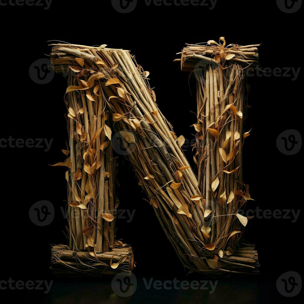 Wooden letter N. Wood font made of sticks, bark and wood. Forest typographic symbol. Concept of nature, ecology, loft. AI Generated photo