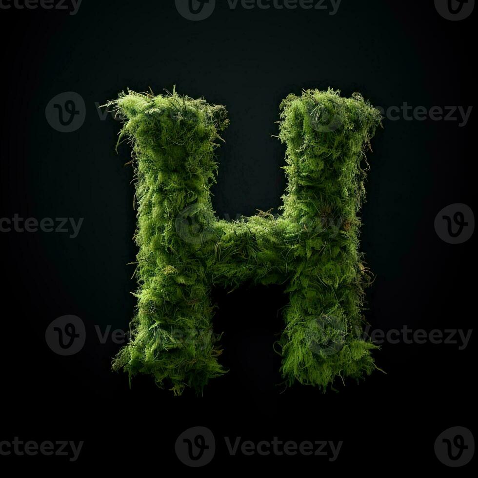 Letter H with moss. Large soft forest font. Green typographic symbol made of leaves. Concept of comfort, nature and ecology. AI Generated photo