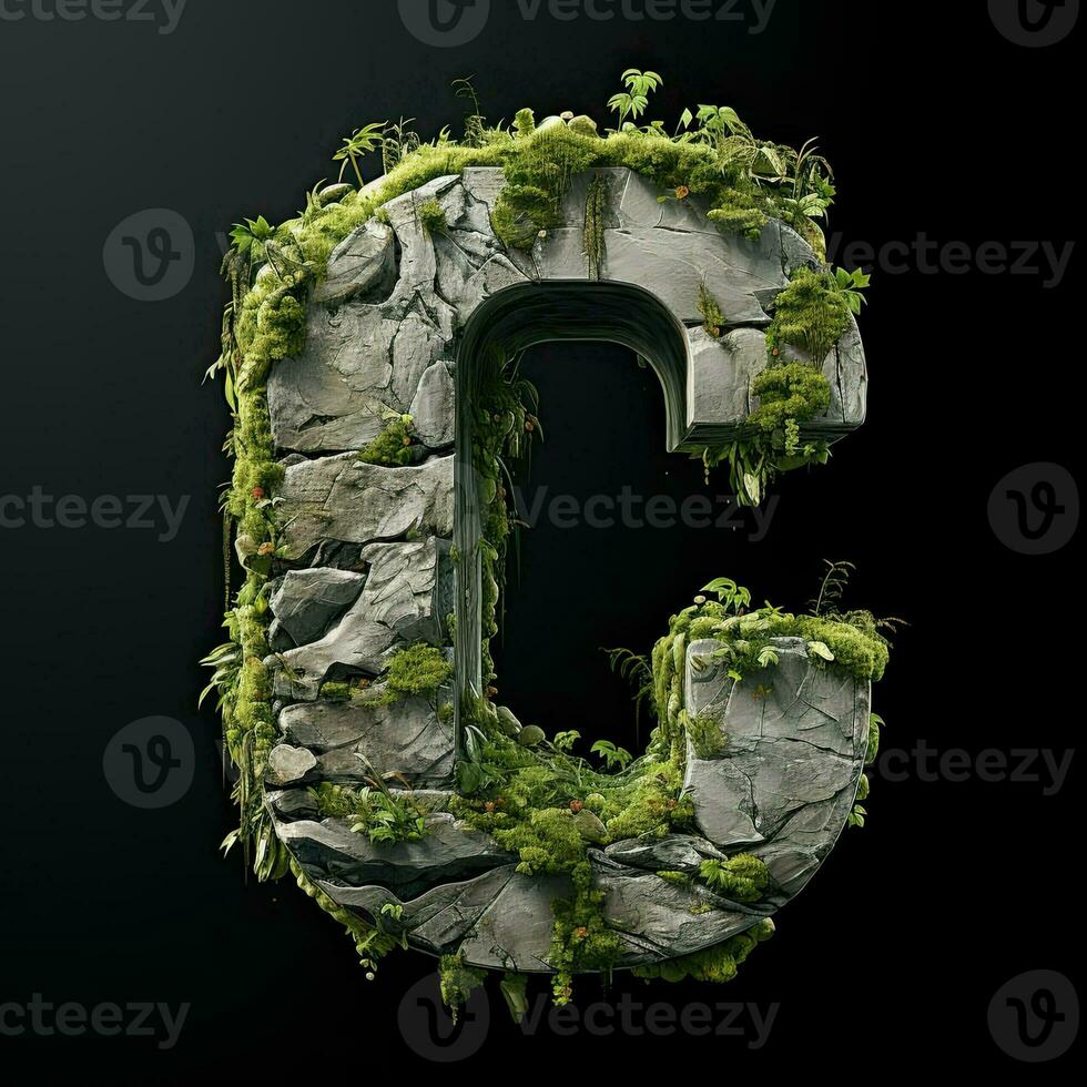 Stone letter C. Symbol of alphabet made of strong solid granite, rocks and debris. Typographic font generated by AI photo