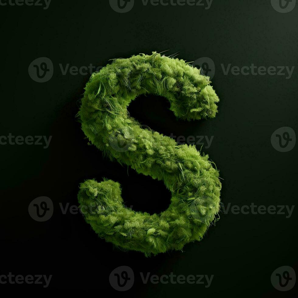 Letter S with moss. Large soft forest font. Green typographic symbol made of leaves. Concept of comfort, nature and ecology. AI Generated photo