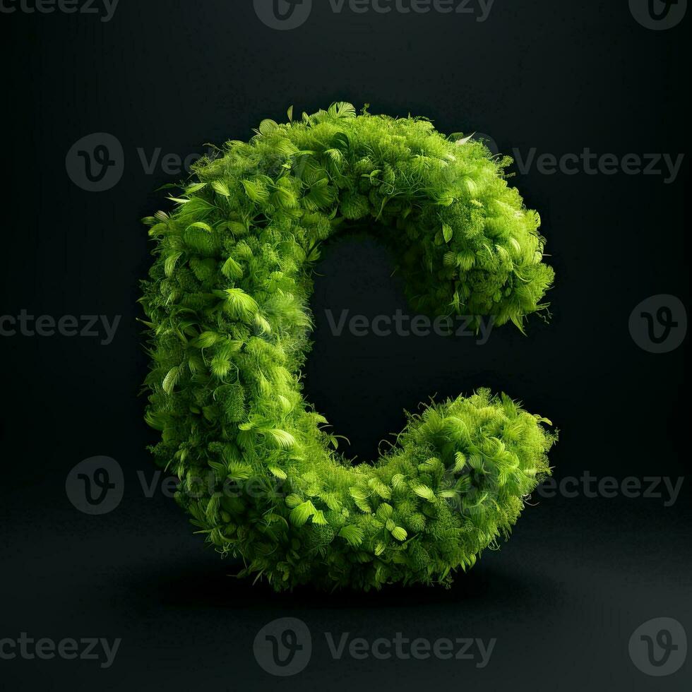 Letter C with moss. Large soft forest font. Green typographic symbol made of leaves. Concept of comfort, nature and ecology. AI Generated photo