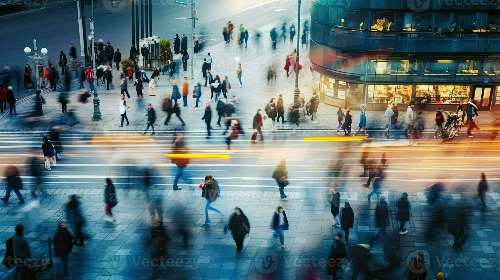 Blurred people walking down a city street. Concept of fast modern life. Human crowd in moves in dynamics. photo