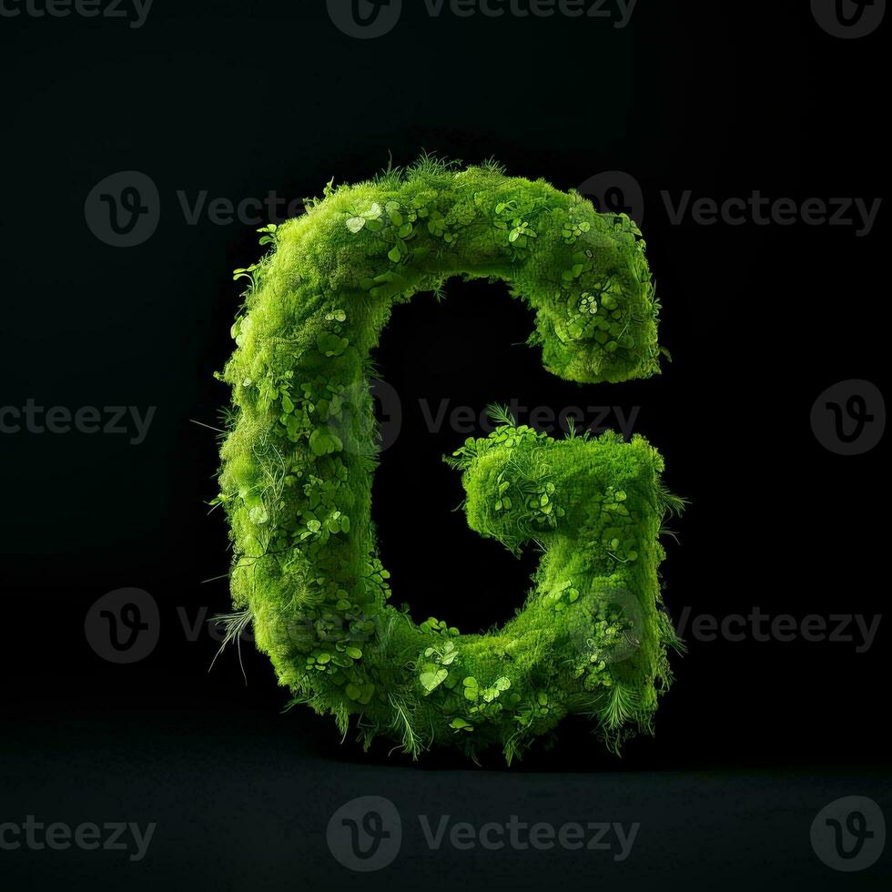 Letter G with moss. Large soft forest font. Green typographic symbol made of leaves. Concept of comfort, nature and ecology. AI Generated photo