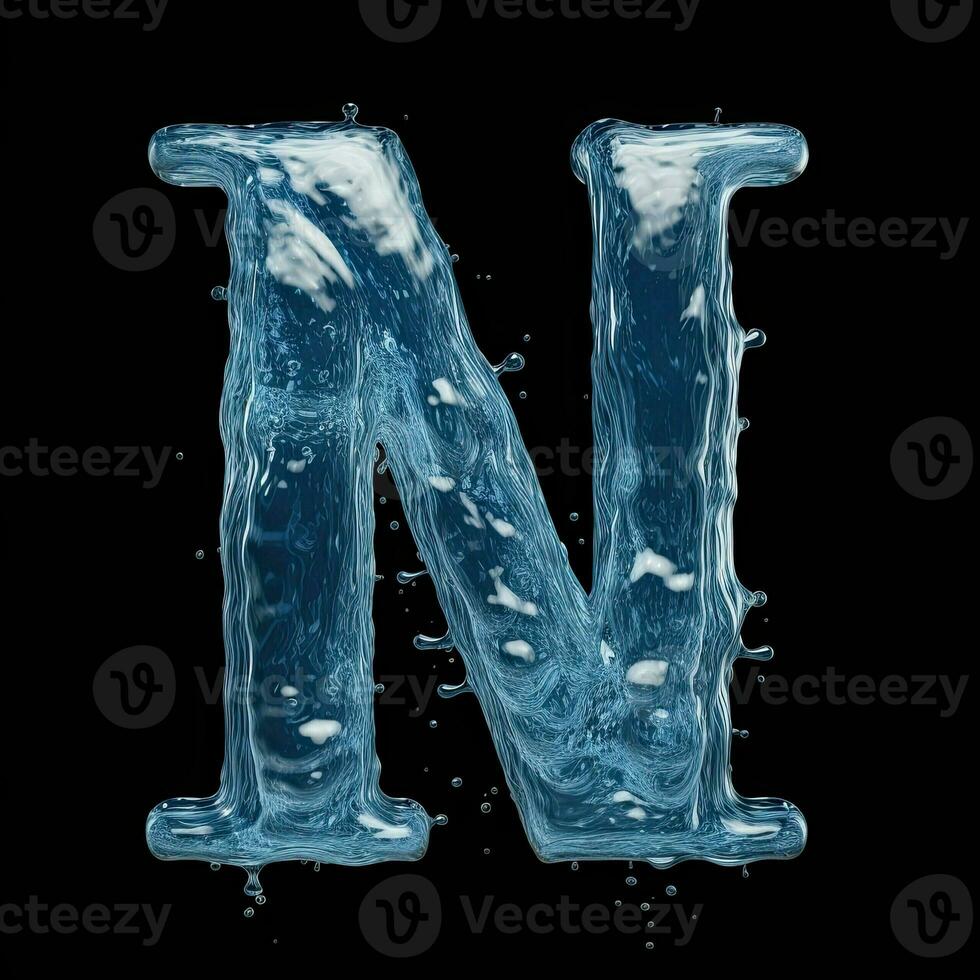 Letter N made of water. Font with splashes and drops of blue liquid. Typographic symbol with jet and splash. Marine concept of freshness, fluidity and the sea. AI Generated photo