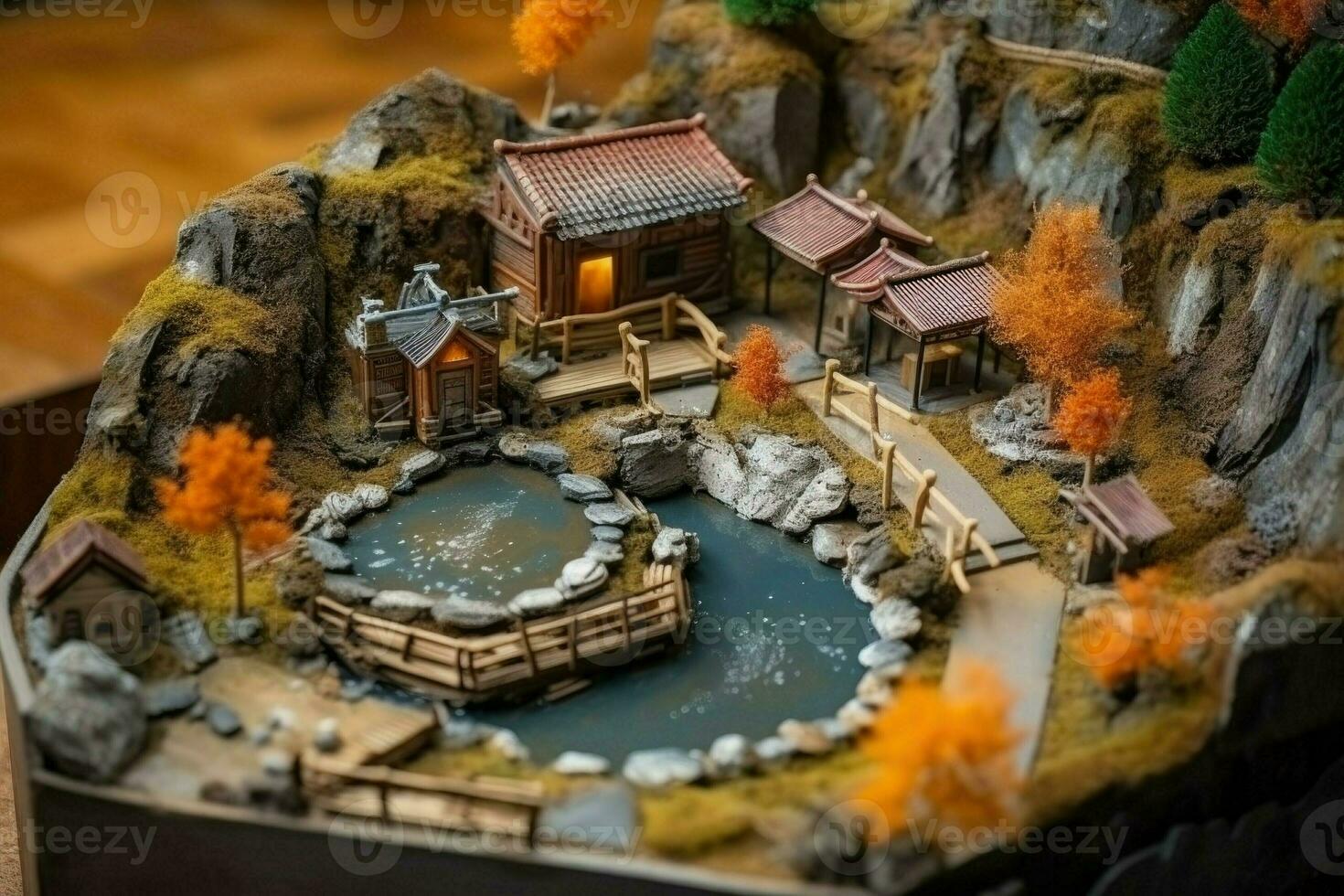 Diorama of Japanese garden. Hot spring, toy holiday home. Miniature of Japanese resort created with Generative AI Technology photo