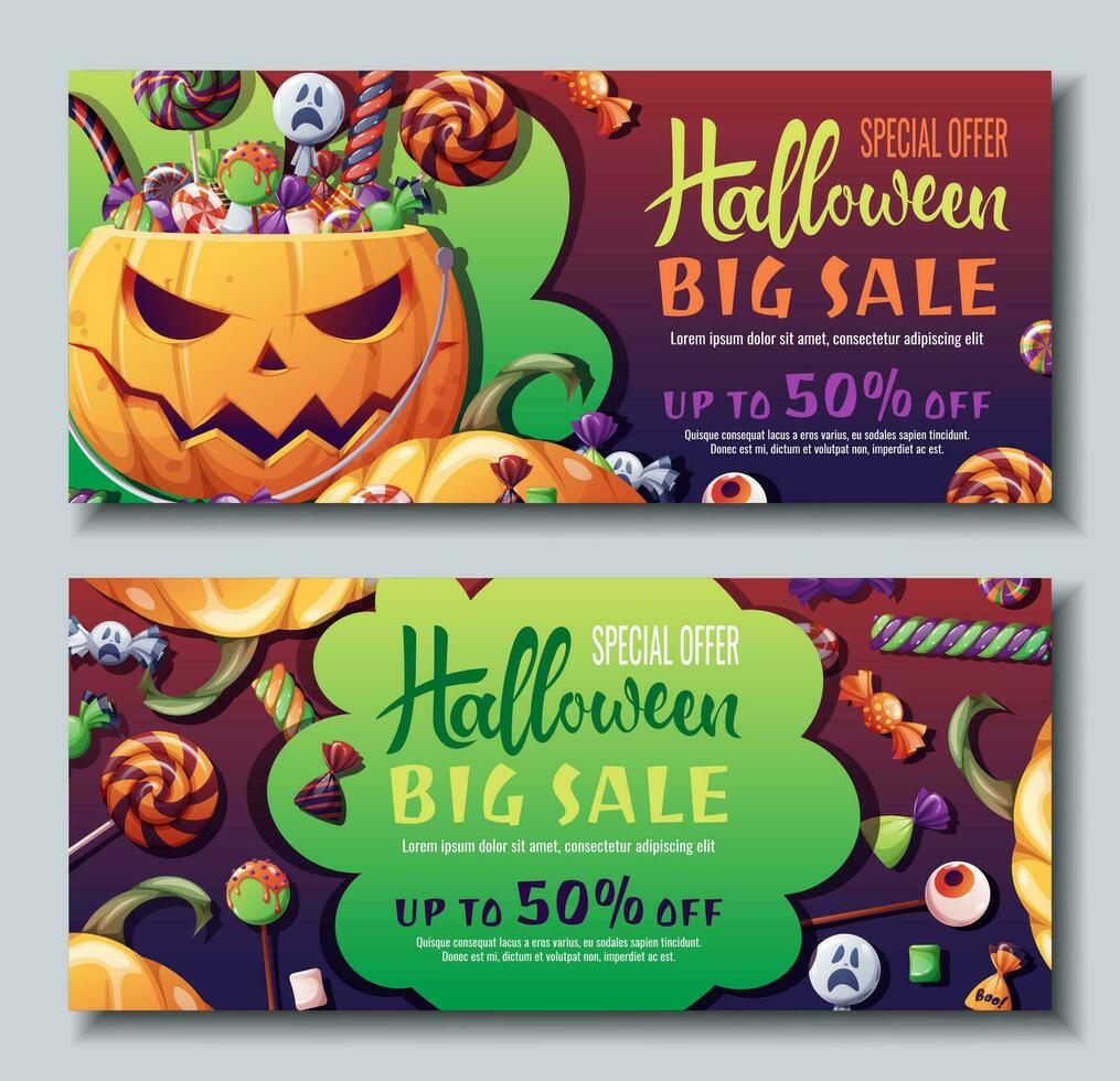 Set of Discount banner design with sweets and cookies in a pumpkin. Halloween sale, discount voucher. Template for banner, poster, flyer, advertisement. vector