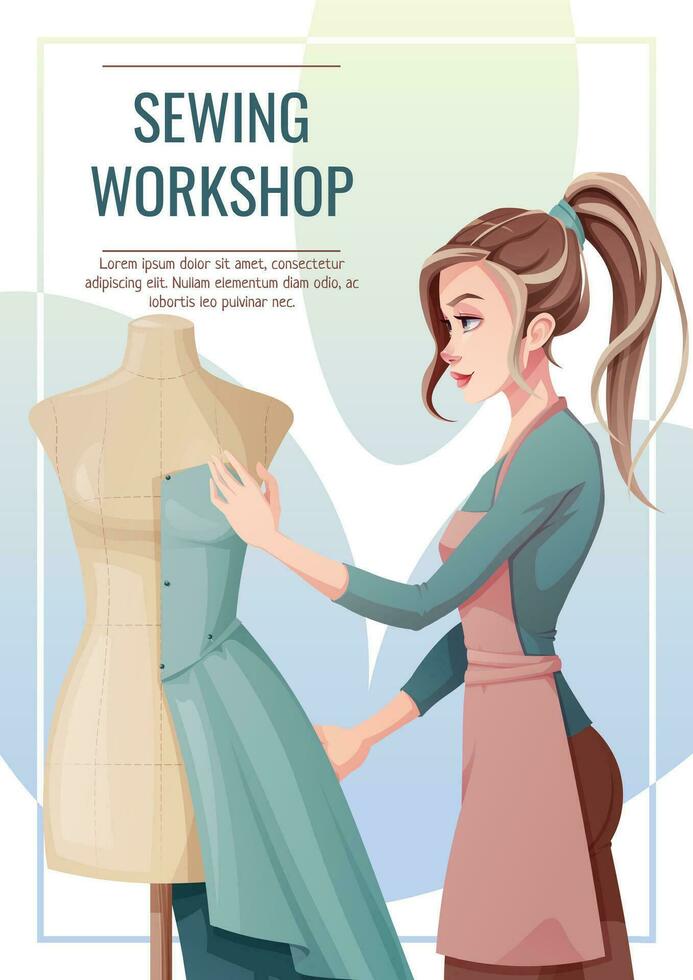 volantes diseño con costurera. bandera póster con un niña creando ropa en un maniquí. trabajo en un de coser taller, taller, sastrería cursos vector