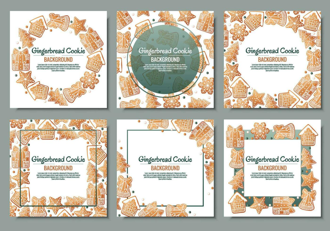 Set of Christmas background with gingerbread house, gift, snowflake, fir tree. Greeting card with cookies in glaze. Flyer, banner poster for invitation vector