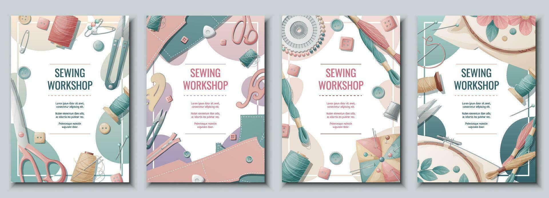Set of flyer templates with sewing supplies. Background, poster, banner for a sewing workshop, atelier, tailoring courses, tailoring vector