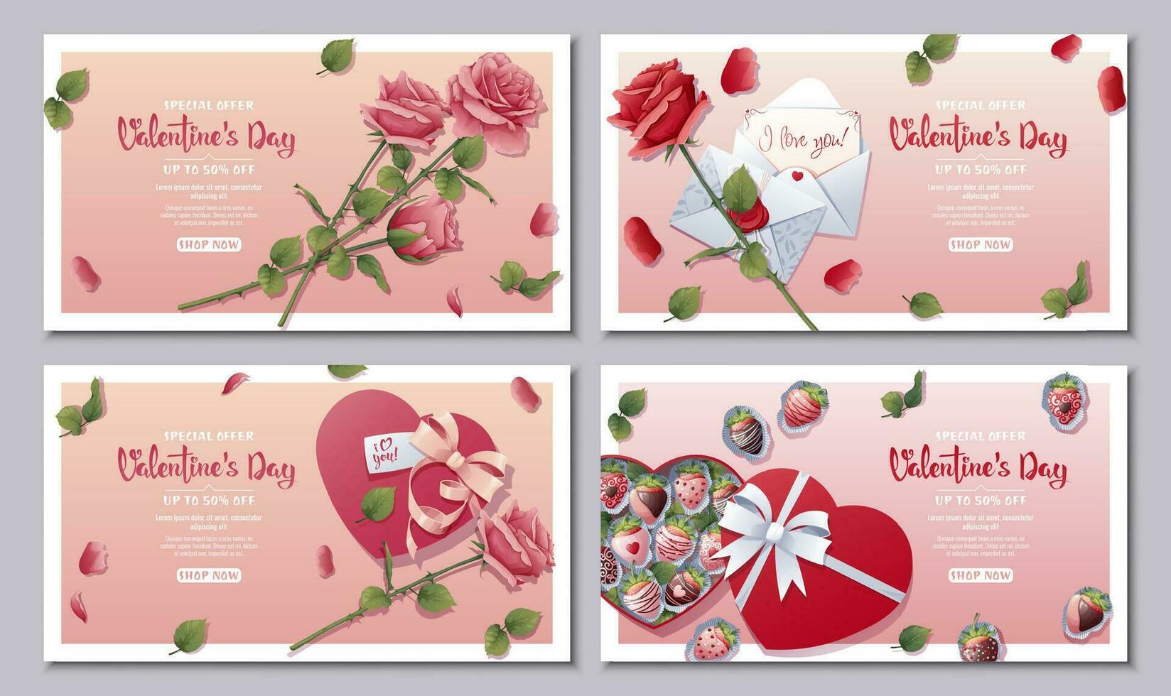 conjunto de rebaja pancartas para San Valentín día. rosas, bombones, un declaración de amor en un sobre. aterrizaje página, descuento bandera, publicidad. vector