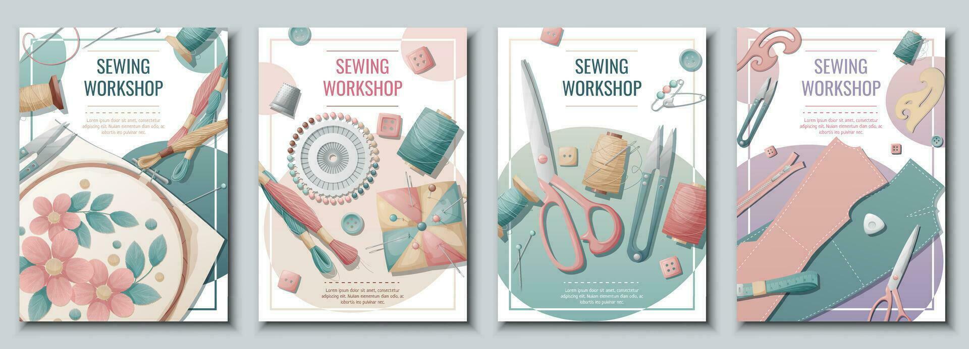 Set of flyer templates with sewing supplies. Background, poster, banner for a sewing workshop, atelier, tailoring courses, tailoring vector
